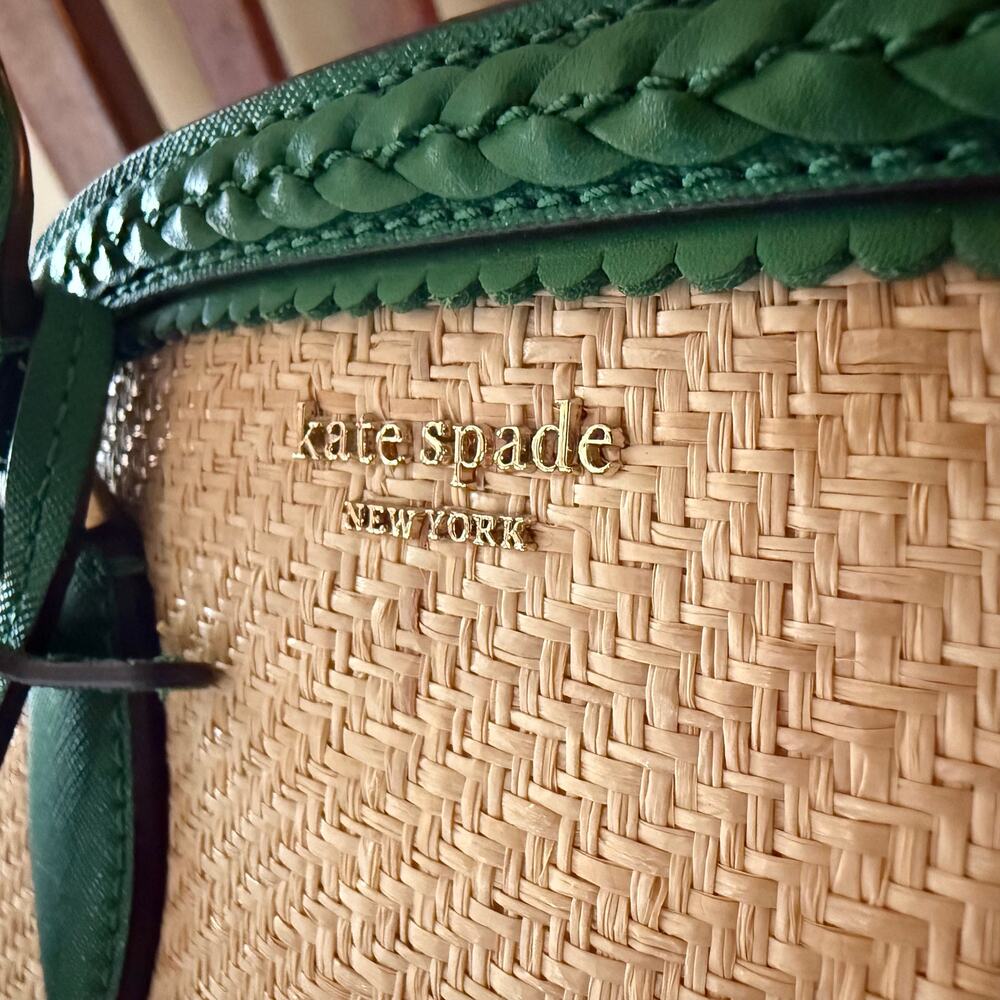 Kate Spade Reiley Raffia Straw & Green Leather Dome Satchel Crossbody - Picture 8 of 10